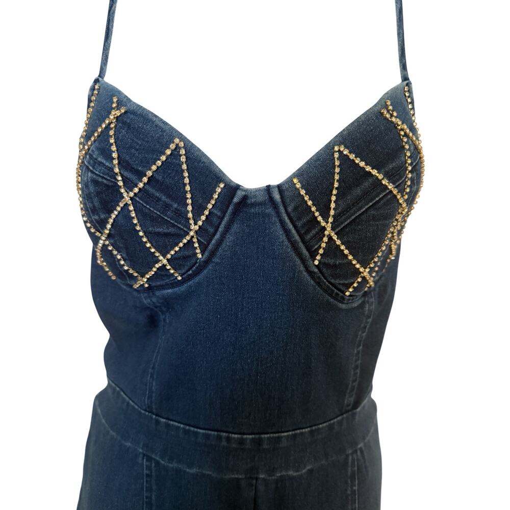 Haute Monde Demin Blue Jean Stretchy Jumpsuit w/Rhinestone Bustline. L - Picture 4 of 10
